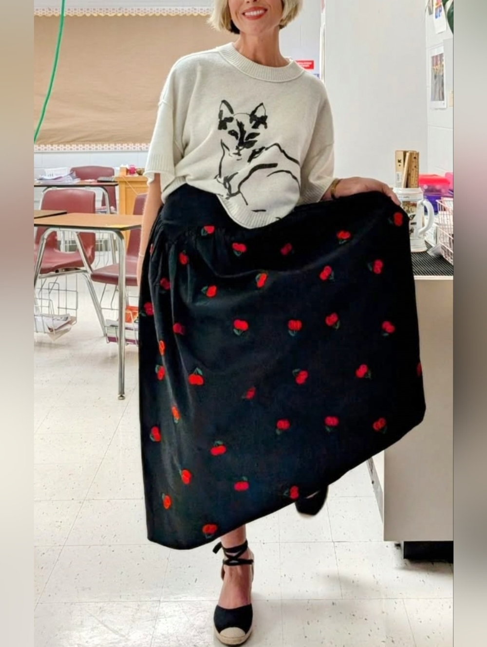 Avec Les Filles Black Cherry-Embroidered Full Skirt - Picture 6 of 12
